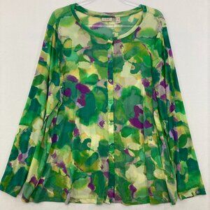 LOGO by Lori Goldstein 1X Purple Green Abstract Artsy Mesh Stretch Button Up